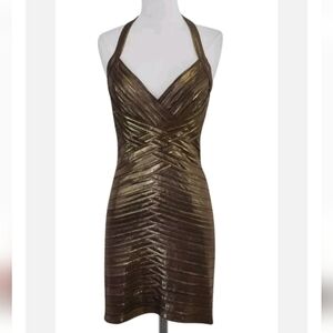 4. BCBGMAXAZRIA Bronze Gold Metallic Halter Cocktail Dress Size XS